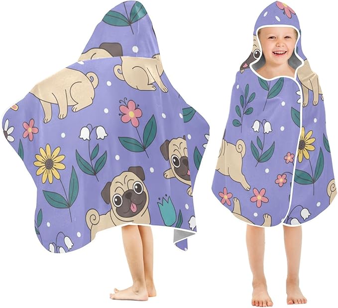 SUABO Kids' Bath Towels Pugs and Flowers Hooded Towels for Boys Girls,Toddler Towels Multi-Purpose for Beach,Pool and Bathroom,23.5" x 50", Soft and Highly Absorbent