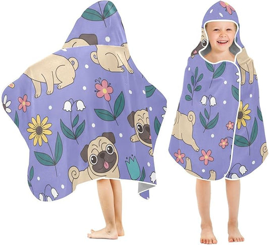 SUABO Kids' Bath Towels Pugs and Flowers Hooded Towels for Boys Girls,Toddler Towels Multi-Purpose for Beach,Pool and Bathroom,23.5" x 50", Soft and Highly Absorbent