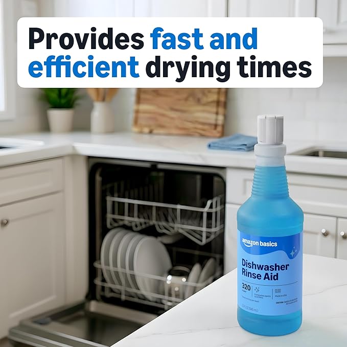 Amazon Basics Dishwasher Rinse Aid Liquid, Prevents Spots, Enhances Drying, Sparkling Finish, 32 Fl Oz, 1-Pack