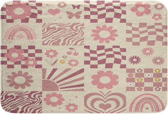 Cartoon Daisy Flowers Kids Bath Mats,Geometric Plaid Checkerboard Patchwork Mats Rugs for Girls,Rainbow Stripe Abstract Bath Carpets,Pink Chic Bath Rugs,Absorbent Floor Mats,20Wx32L Inches