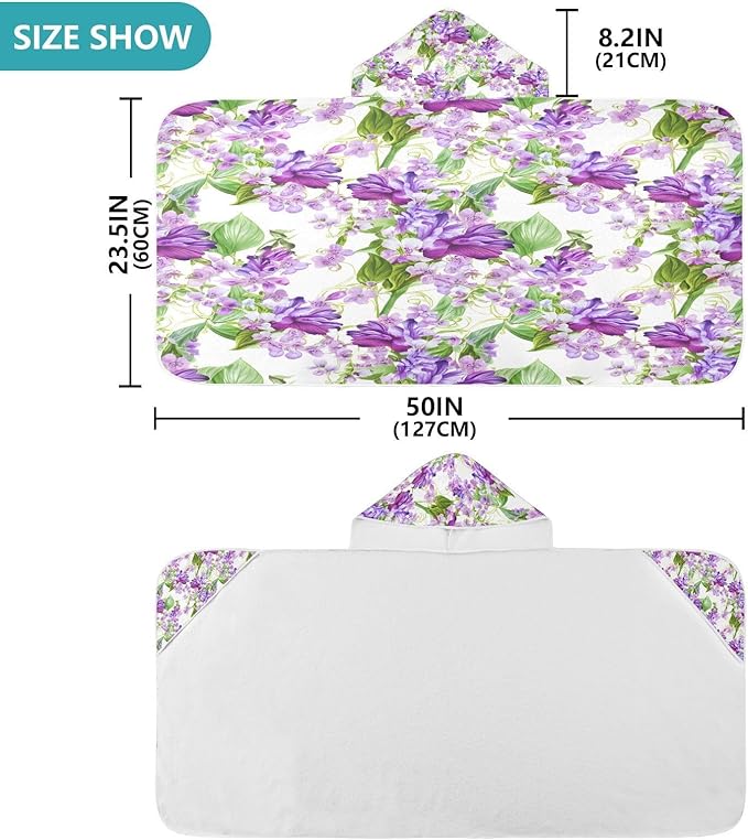CEBUGI Purple Flowers Hooded Bath Towel for Kids Absorbent Soft Bath Towel Wrap with Hood 50x23.5in Pool Beach Shower Towel for Boys Girls