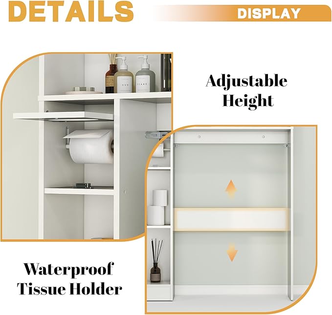 Over The Toilet Storage Cabinet, 32" W Over Toilet Bathroom Organizer with Toilet Paper Holder Stand, Home Space-Saving Toilet Rack for Bathroom, Restroom (2 Barn Doors+Open Shelf, White)