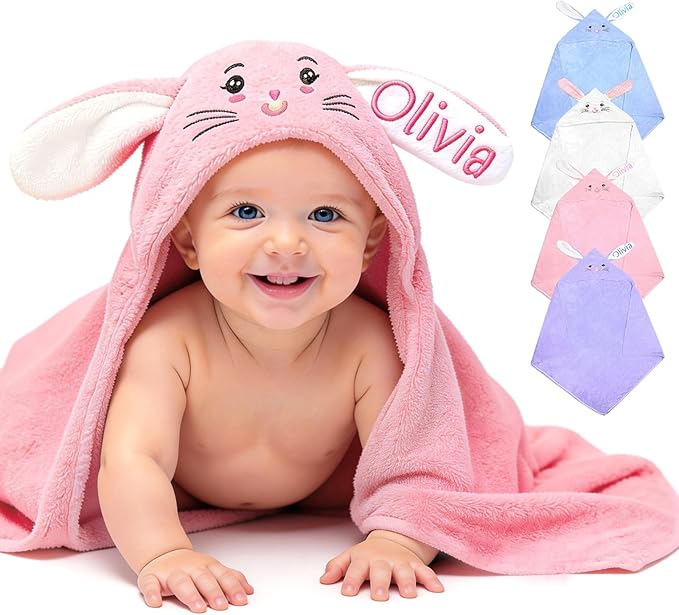 Baosity Custom Hooded Bath Towel for Babies,Soft Highly Absorbent Bunny Baby Towel with Name,Baby Towels for Newborn,Personalized Baby Shower Easter Birthday Gifts for Toddler Girls Boys