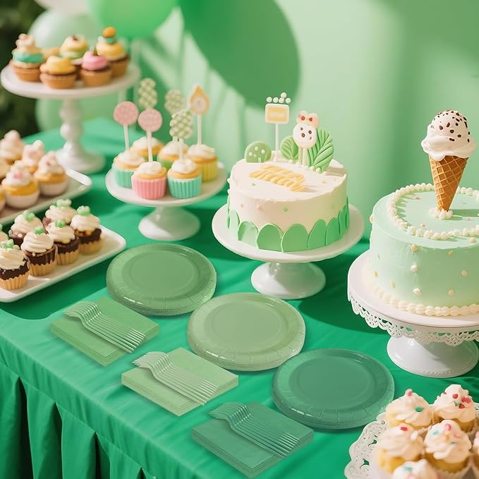 Serves 35 Guests Gradient Sage Green Plates and Napkins Party Supplies,7" Gradient Sage Green Birthday Dessert Paper Plates and Napkins,Disposable Party Dinnerware for Wedding,Graduation
