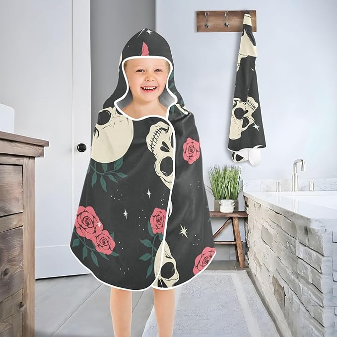 SUABO Kids' Bath Towels Skull Pink Rose Hooded Towels for Boys Girls,Toddler Towels Multi-Purpose for Beach,Pool and Bathroom,23.5" x 50", Soft and Highly Absorbent