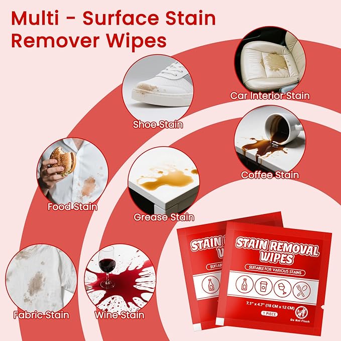 Stain Remover Wet Wipes Bulk, Individual Wrapped Clothes Portable Travel Messy Eater Cleaning Laundry Stain Removal Wipes Pocket Size for Clothing Fabric/Shoes/Wine/Fast Food 7.1 x 4.7 Inch (Red 100)