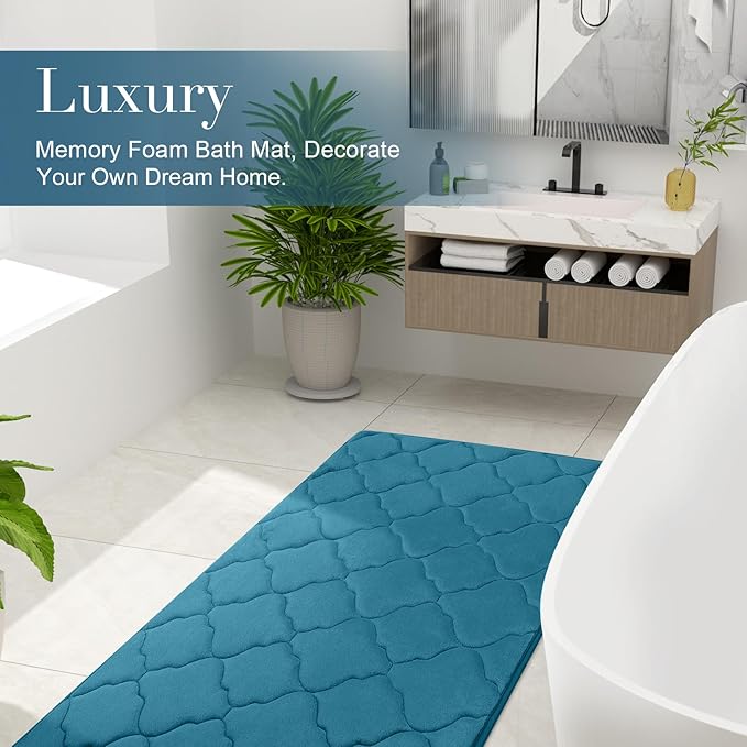 OLANLY Memory Foam Bath Mat Rug 47x17, Ultra Soft and Absorbent Bathroom Rugs, Non-Slip, Comfortable, Machine Washable Bath Carpet for Bathroom Floor, Shower and Home Decor Accessories, Peacock Blue