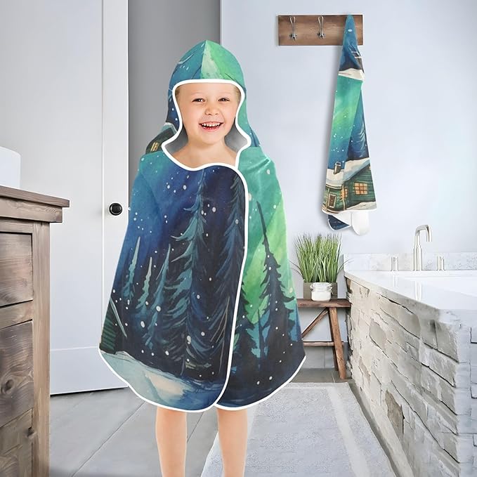 Hooded Towel for Kids Forest Winter House and Aurora Beach Wrap Bath Towels 50x23.5in