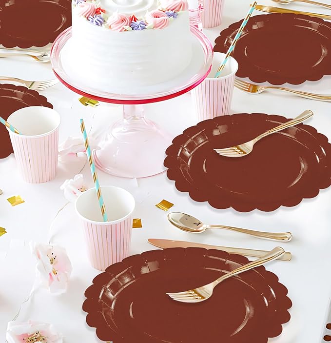 HEIPINIUYE 25 Pieces Brown Paper Plates 9 Inch Brown Scalloped Plates Disposable Dinner Plates for Wedding Baby Shower Birthday Fall Party Dessert Plates