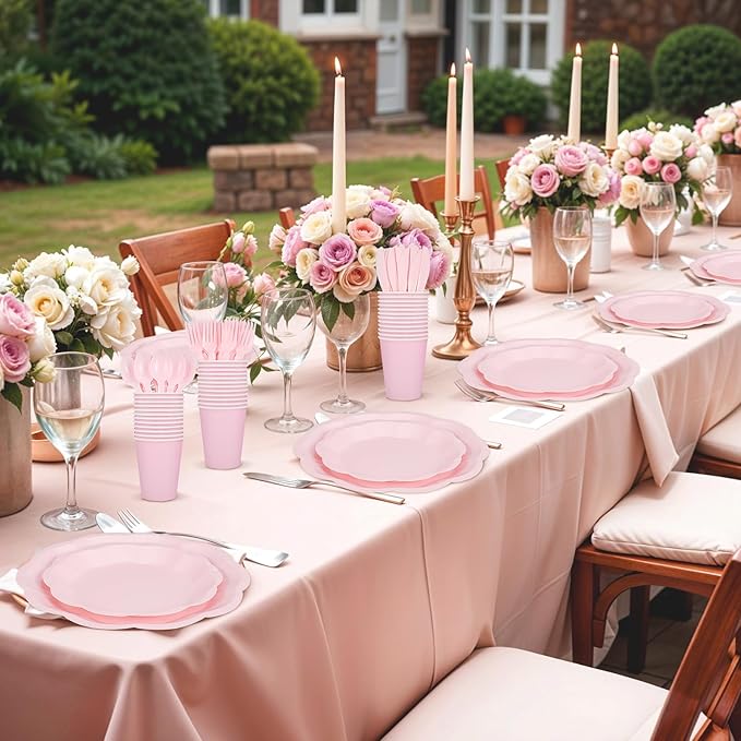 NatNarr 350 Pcs Pink Paper Plates and Napkins Set Include 9" Dinner Plates, 7" Dessert Plate Disposable Scalloped Tableware Serve 50 Guest for Wedding Baby Bridal Shower Birthday