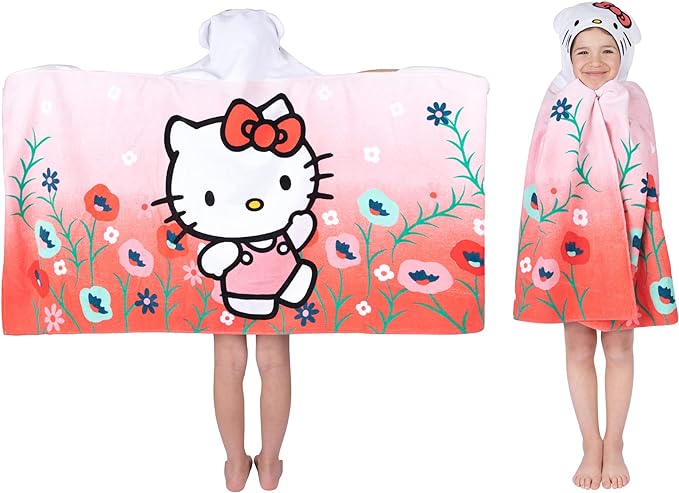 Hello Kitty Bath/Pool/Beach Soft Cotton Terry Hooded Towel Wrap, 24 in x 50 in, By Franco Kids