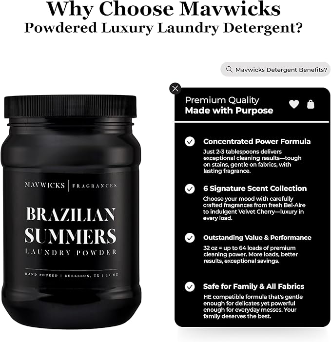 Mavwicks - Luxury Laundry Detergent Powder (Brazilian Summers) 32 Oz – Concentrated for Tough Stains and Odors, For All Washing machine types – Gentle on Fabrics