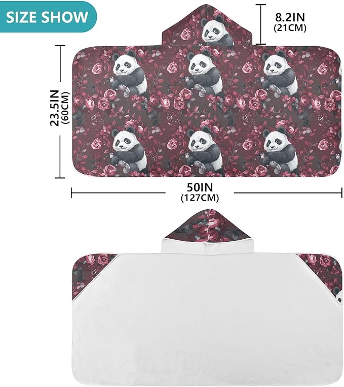 Hooded Beach Towel for Kids Cartoon Panda Burgundy Hooded Towels for Boys Soft Bath Towels with Hood