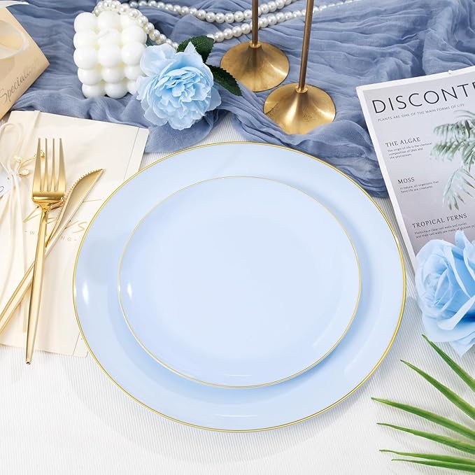 PULOTE 100PCS Blue Plastic Plates - Disposable Light Blue Include 50 Dinner & 50 Dessert/Salad Plates for Party, Wedding & Birthday
