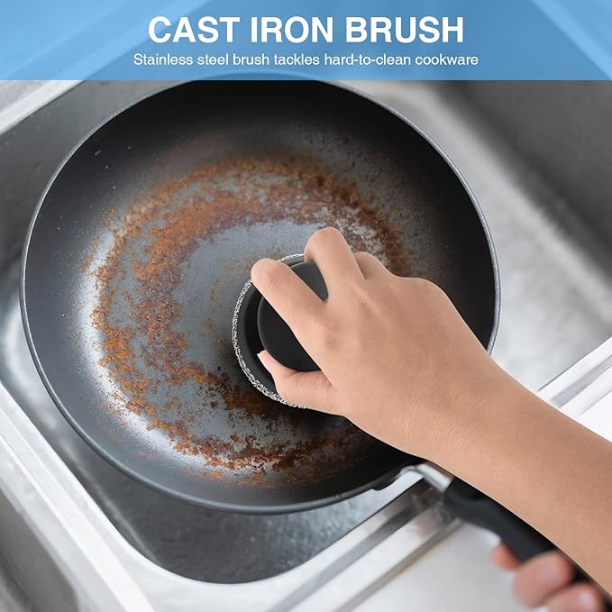 Cast Iron Scrubber Cleaner, Chainmail Scrubber for Cast Iron Pan Skillet, Dish Scouring Pad, 316 Stainless Steel Brush/Scraper for Metal Skillet Scrubbing, Wok, Dutch Oven Cleaning Kit - Thin Mesh