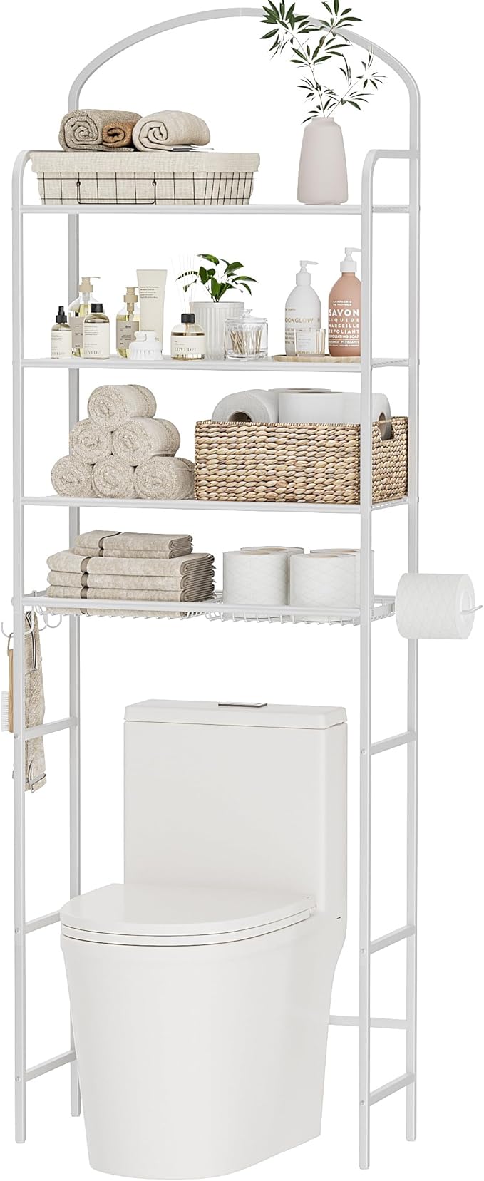 4-Tier Over The Toilet Storage, Bathroom Organizer, Space-Saving, 72" H Above Toilet Storage Rack with 4 Hooks and Paper Holder, Metal Shelf, White