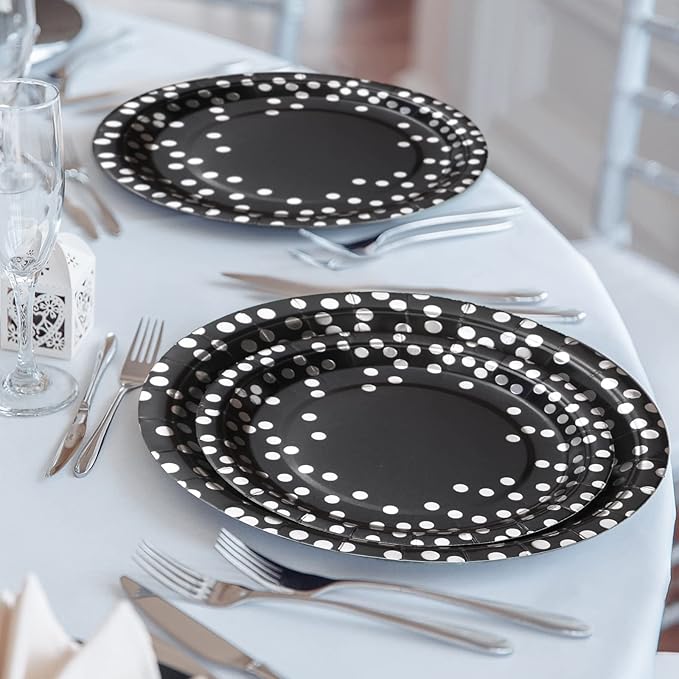 168Pcs Black and Silver Party Decorations, Black Plates and Cups and Napkins Sets Severs 24, Birthday Decorations for Prom Graduation Birthday Happy New Year Party