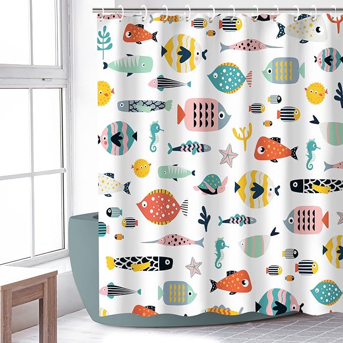 RosieLily Kids Bathroom Shower Curtain, Cartoon Fish with 12 Hooks, Waterproof Colorful Animal Cartoon Fish Bathroom Decor, 72x72 Inch