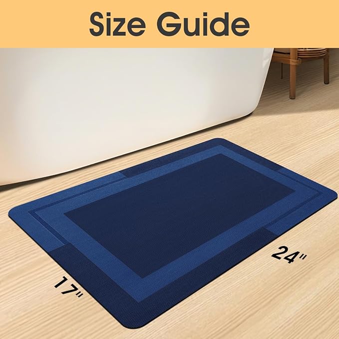 ACCUMTEK Non Slip Bath Mat, Thin Bathroom Rugs Fit Under Door, Quick Dry Bath Mats, Machine Washable Bath Rugs for Bathroom, Bathtub & Kitchen, Bathtub, Dark Blue/Bordered/24 x17