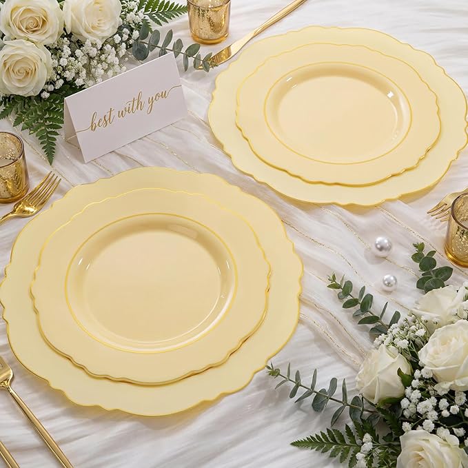Liacere 350PCS Yellow Plates - Yellow Disposable Plastic Plates With Gold Rim-50Guest Plastic Dinnerware include 100 Plates,50 Pack Pre Rolled Napkins with Silverware 50Cups for Wedding＆Mother's Day