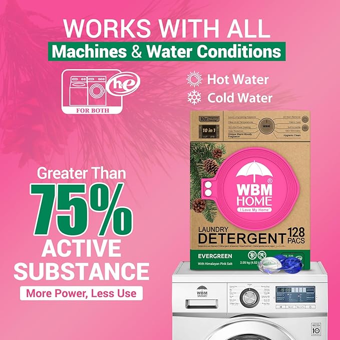 WBM Laundry Detergent Pods - Ultra-Concentrated, Hypoallergenic, Stain-Fighting, Evergreen Scent, 128-Pack, Recyclable Packaging for Eco-Friendly Cleaning