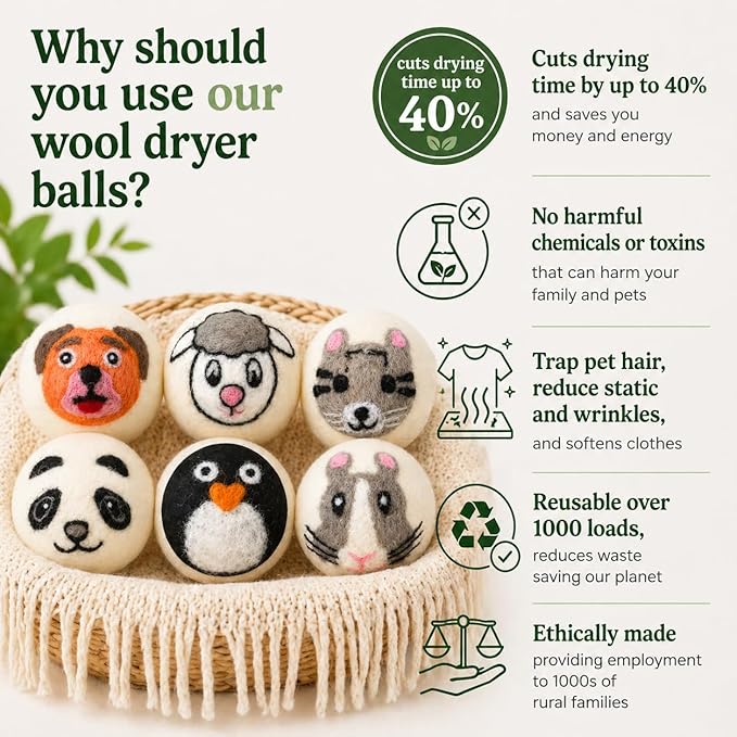 Wool Dryer Balls XL 6-Pack – Organic Wool Dryer Balls for Laundry Reusable, Natural Fabric Softener, Reduces Drying Time, Static, Wrinkles & Laundry Clumping