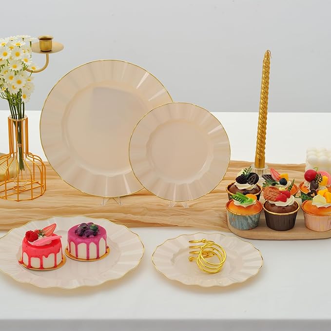 60Pcs Heavy Weight Ivory Plastic Plates with Gold Trim, Heavy Duty Wedding Plates, Elegant Disposable Plate Sets include 30 Dinner & 30 Dessert Plates for Party & Wedding(30 Guests)