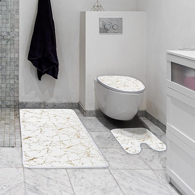 Marble 3-Piece Nonslip White Gold Bathroom Rugs and Mats Set - Soft, Washable, Water Absorbent Shower Rug with U-Shaped Contour and Toilet Lid Cover