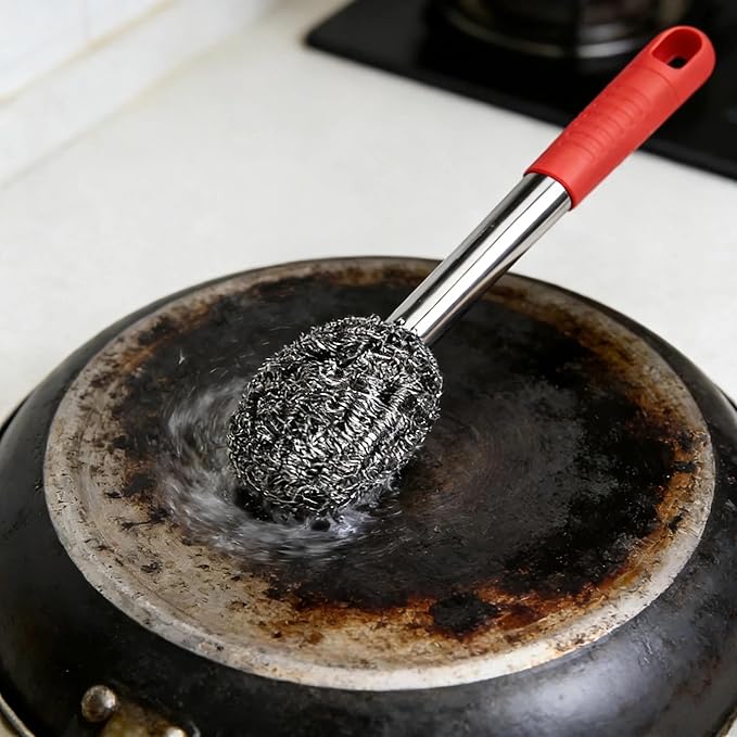 2PCS Steel Wool Scrubber with Handle Rustproof, Cast Iron Scrubber, Stubborn Messes Pot Brush, Remove Dirt for Cleaning Stoves,Sinks Dishes Grills Bowls & Metal Wire Sponge for Kitchens,Bathroom