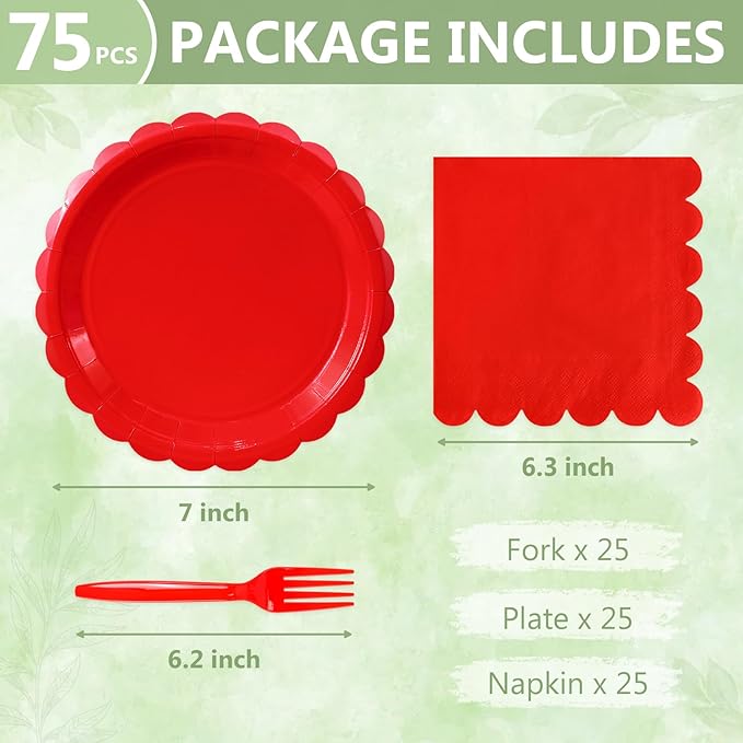 Mulbozy 75 Red Plates and Napkins Disposable Set Includes 25 Dessert Cake Scalloped Plates, Cocktail Napkins & Forks, for Fork 25 Guests Holiday Party Supplies.
