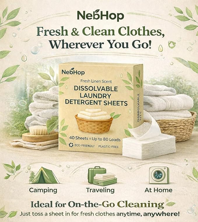 Eco Friendly Laundry Detergent Sheets – Biodegradable Detergent Strips, Fresh Linen Scent, Hypoallergenic Plant Based Washer Sheets, Plastic Free Travel Laundry Detergent, 40 Sheets (80 Loads)