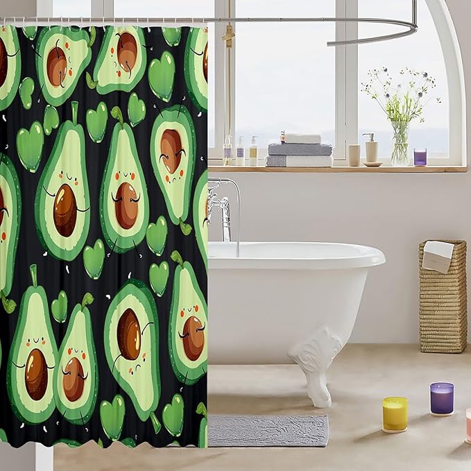 Manfei Kids Cute Avocado Shower Curtains Green Grey Hearts Print Bathroom Curtains for Girls Teens, Cartoon Fruits Theme Waterproof Bath Curtains with 12 Hooks Suits for Bathtub, 72" W x 84" L