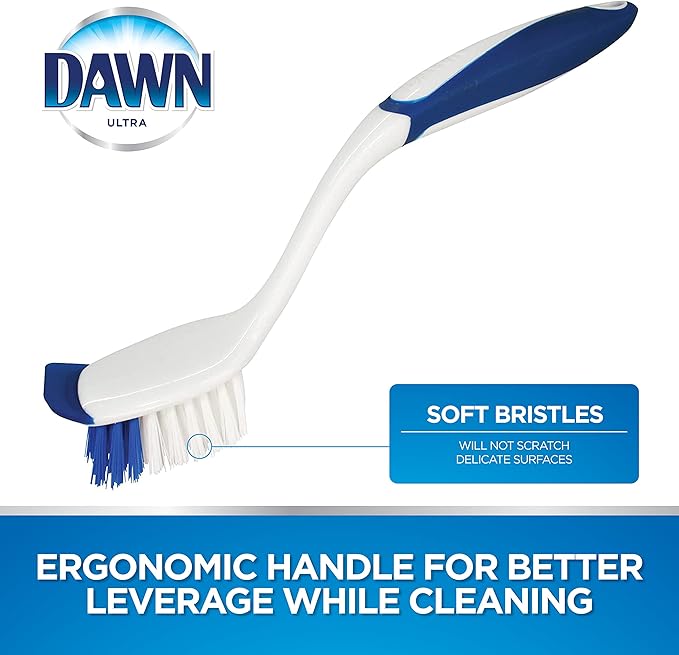 Dawn Dish Brush with Soft Nylon Bristles and Scraper, Blue/White