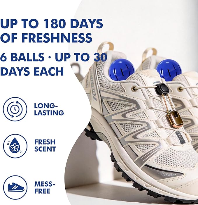 Sneaker Deodorizer Shoe Freshener Balls 6 Pack Fresh Scent, Small Spaces Odor Eliminator for Gym Bags, Cars and Lockers, Long-Lasting Odor Control, No Twist Just Drop In