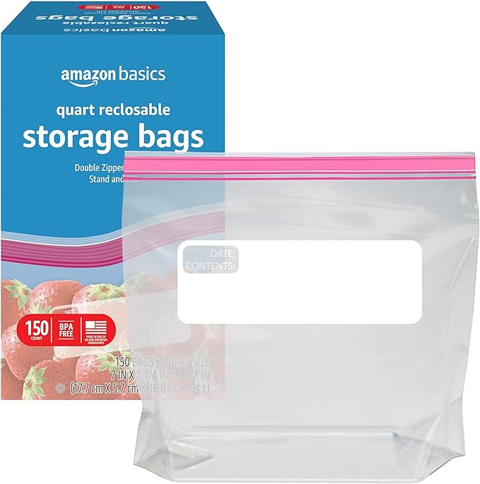 Amazon Basics Reclosable Quart Food Storage Bags with Double Zipper Seal, BPA Free, 150 Count (Pack of 2)