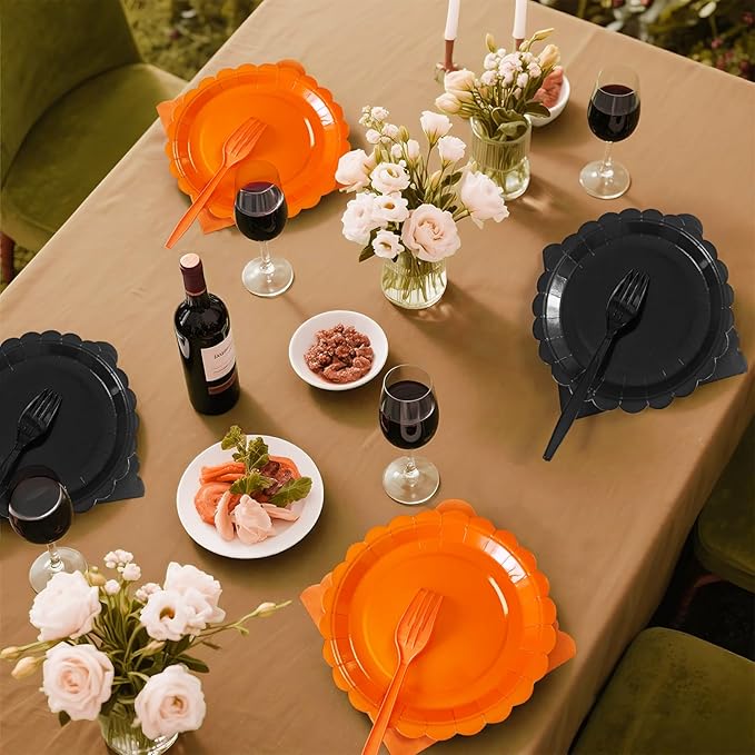 Black Paper Plates and Napkins,7 Inch Black Scalloped Disposable Dessert Plates Paper Napkin Fork Party Supplies for Wedding Baby Shower Birthday(25 Guest)