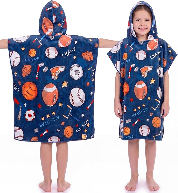 Fanfanwin Sports Cotton Bath Towel Ball Hooded Beach Bath Towel 37.8x23.62 Inches Football Golf Baseball Poncho with Snap Buttons Hood Soft Rapid Dry for Beach, Pool, Swim, Travel, Home Use