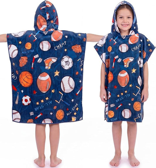 Fanfanwin Sports Cotton Bath Towel Ball Hooded Beach Bath Towel 37.8x23.62 Inches Football Golf Baseball Poncho with Snap Buttons Hood Soft Rapid Dry for Beach, Pool, Swim, Travel, Home Use