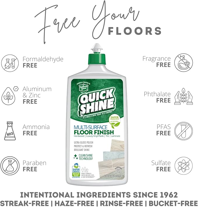 Quick Shine Multi Surface Floor Finish 27oz, 6Pk | Cleaner & Polish to use on Hardwood, Laminate, Luxury Vinyl Plank LVT, Tile & Stone | Safer Choice w/Clean Shine Technology | Shine-Protect-Refresh