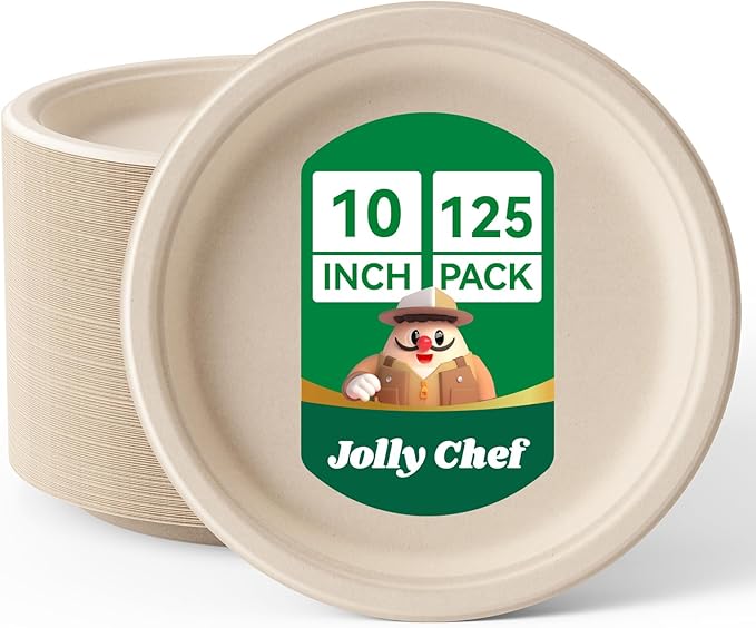 JOLLY CHEF Compostable Heavy Duty Plates 𝟭𝟬 𝗜𝗻𝗰𝗵 [𝟭𝟮𝟱 𝗣𝗮𝗰𝗸] Eco-Friendly Disposable Paper Plates Natural Bagasse Biodegradable Sugarcane Bulk for Party Hot Cold Dinner Christmas (Brown)