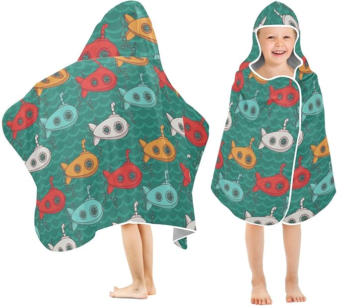 susiyo Kids Hooded Bath Towel Vintage Submarines Beach Towel for Kids 23.5 x 50 Inch Microfiber Soft Absorbent Quick Dry Bath Swim Pool Towel Wrap Poncho Bathrobe with Hood for Kids Toddler