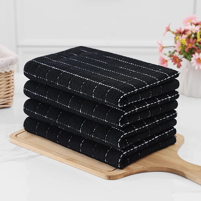 Homaxy 100% Cotton Terry Kitchen Towels(Black, 20 x 28 inches), Checkered Designed, Soft and Super Absorbent Dish Towels, Large 8 Pack