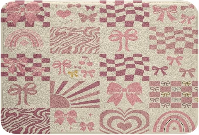 Cartoon Bowknot Kids Bath Mats,Geometric Plaid Love Heart Rainbow Grid Mats Rugs for Girls,Bow Tie Stripe Checkered Bath Carpets,Pink Fashion Bath Rugs,Absorbent Floor Mats,16Wx24L Inches