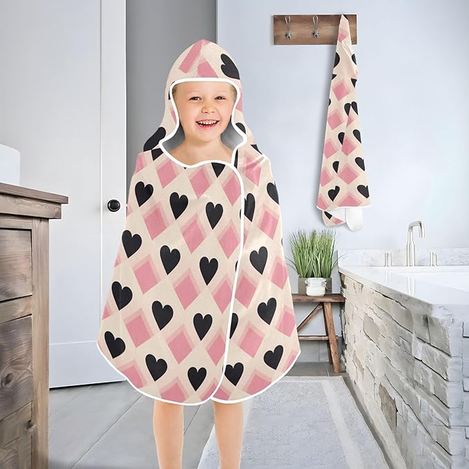 Kids Hooded Towels Valentine Buffalo Checkered Hearts Swimming Beach Towel 23.5" x 50" Bath Towel for Boys Girls 21217186