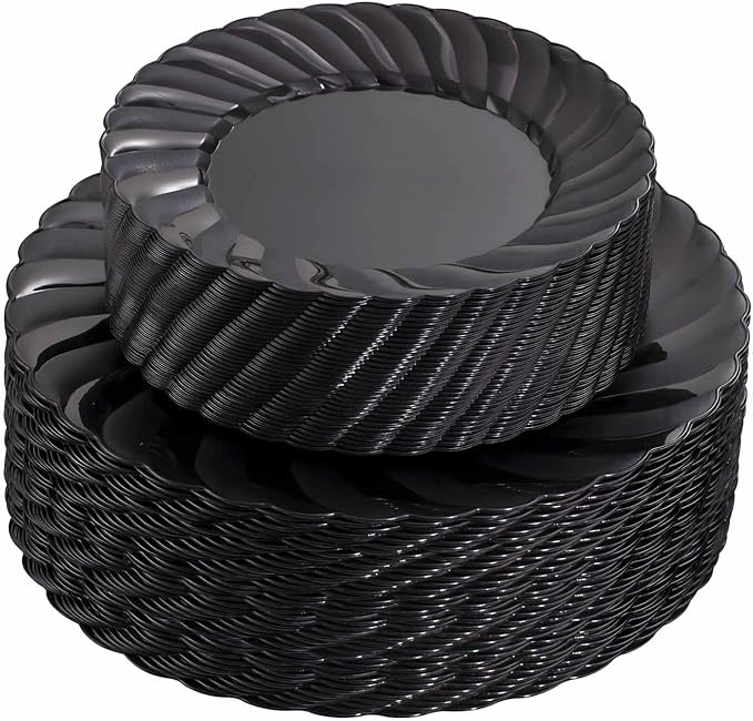 U-QE 100PCS Black Plastic Plates, Heavy Duty Black Disposable Plates Including 50PCS 9inch Dinner Plates & 50PCS 6.5inch Dessert Plates -Hard Plastic Plates for Party Wedding Bridal Shower