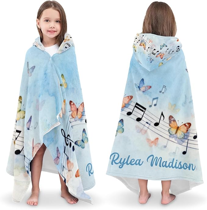 Music Notes Butterfly Blue Personalized Hooded Towel Absorbent Wrap Soft Pool Beach Bath Towels Hood Poncho for 5-12 Years Kids Boys Girls