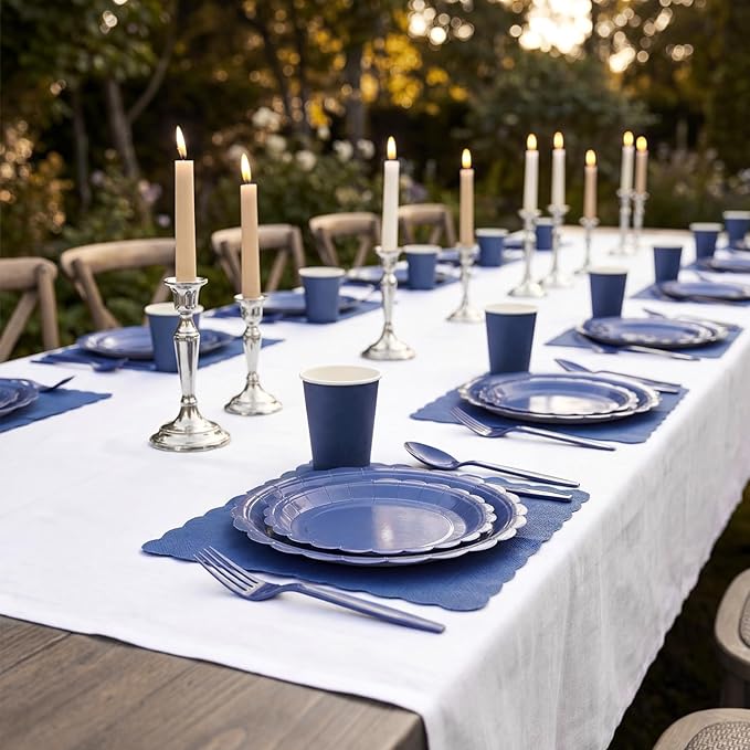 Ziliny 350 Pcs Navy Blue Plates and Napkins, 50 Guest Graduation Party Supplies Include Scalloped Paper Plates Napkins Cups Plastic Spoons Forks Knives Disposable Tableware Set for School Graduate