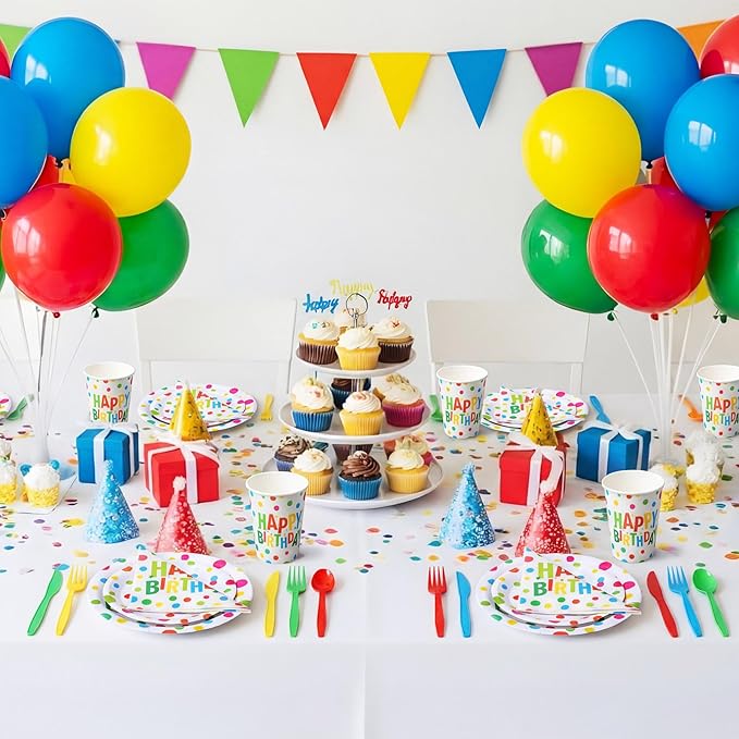 Pickmesh 400 Pcs Happy Birthday Decoration Set, Colorful Polka Dots Plates and Napkins Party Supplies, Disposable Plates and Cups with Plastic Cutlery for Birthday Party Favor