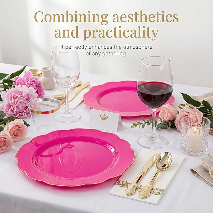 NOCCUR 175PCS Hot Pink Plastic Plates with Gold Disposable Silverware - Include 50 Hot Pink Plates,25 Knives,25 Forks,25 Spoons,25 Cups and 25 Napkins - Ideal for Party/Wedding/Banquet
