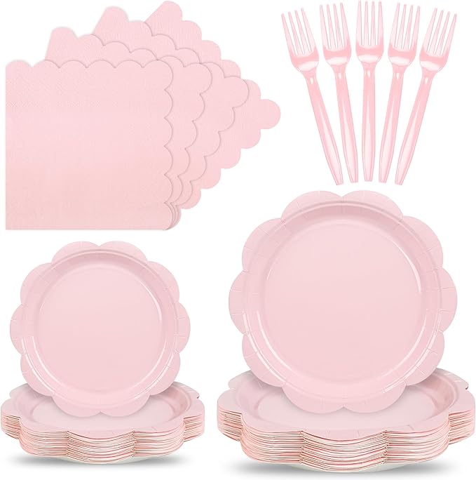 96 Pcs Pink Paper Plates and Napkins Set Party Supplies, Tableware set for 24 Guest include Disposable Pink Scalloped Plates, Napkins and Forks for Baby Shower Bridal Shower Wedding Birthday